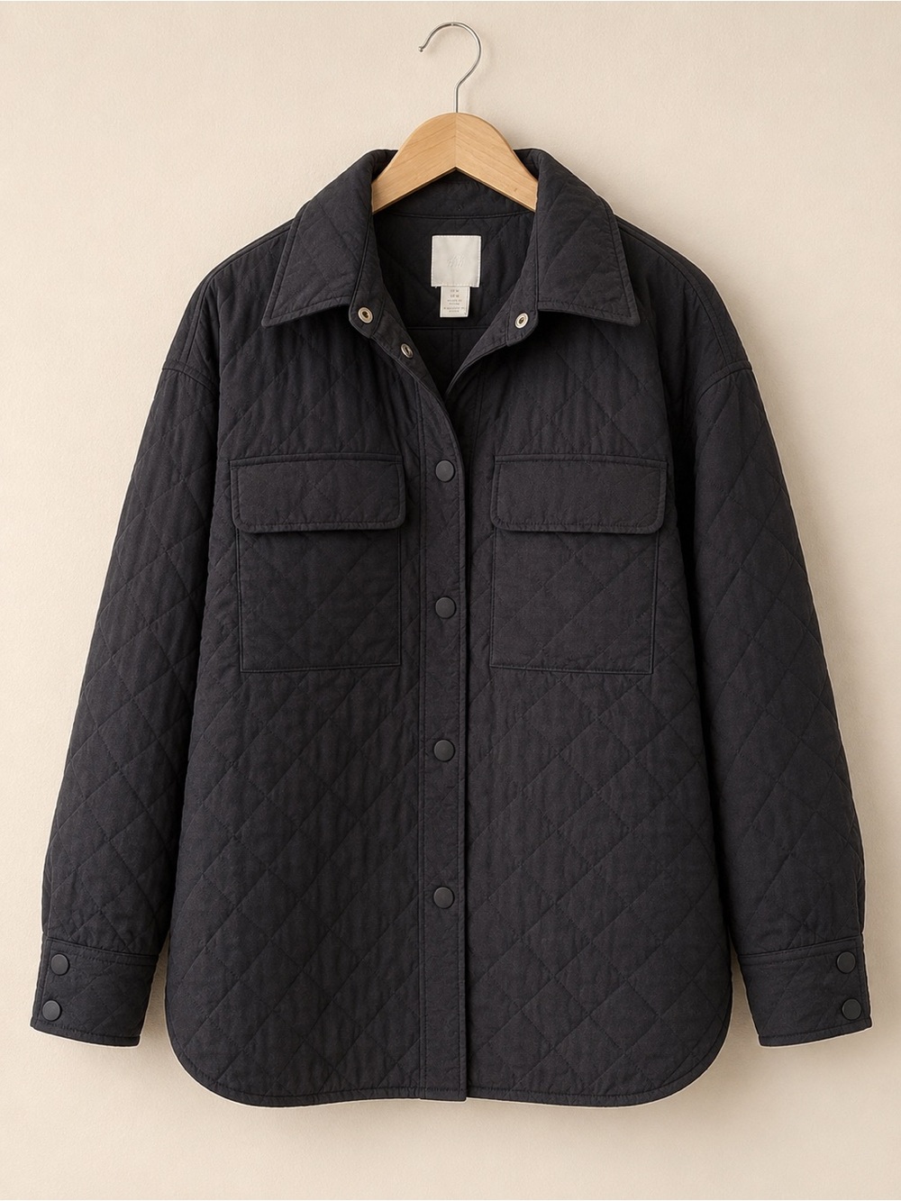 H&M Black Quilted Shacket Jacket Oversized Utility Snap Front Medium